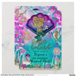 Gold glitter Mermaid & Shells Under the Sea Party Invitation