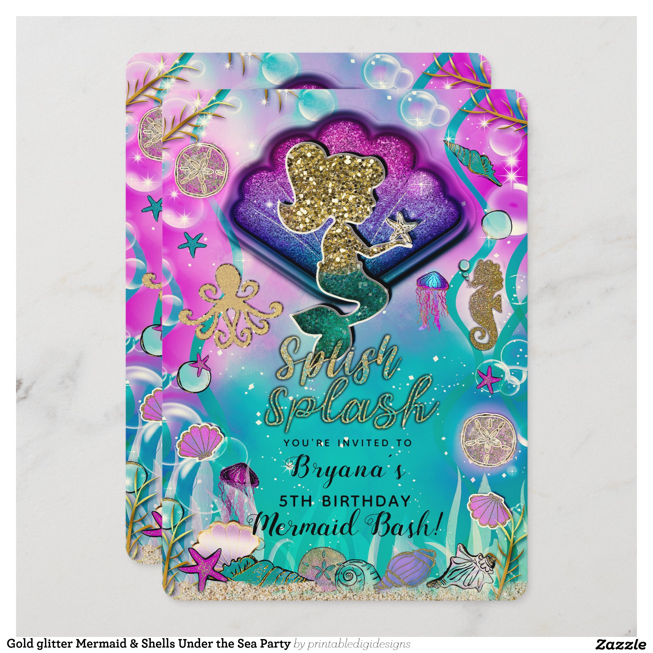 Gold glitter Mermaid & Shells Under the Sea Party Invitation