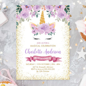 Gold Glitter Teal Purple Floral Unicorn Birthday Invitation