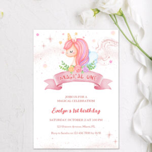 Gold Glitter Unicorn Magical One 1st Birthday Invitation