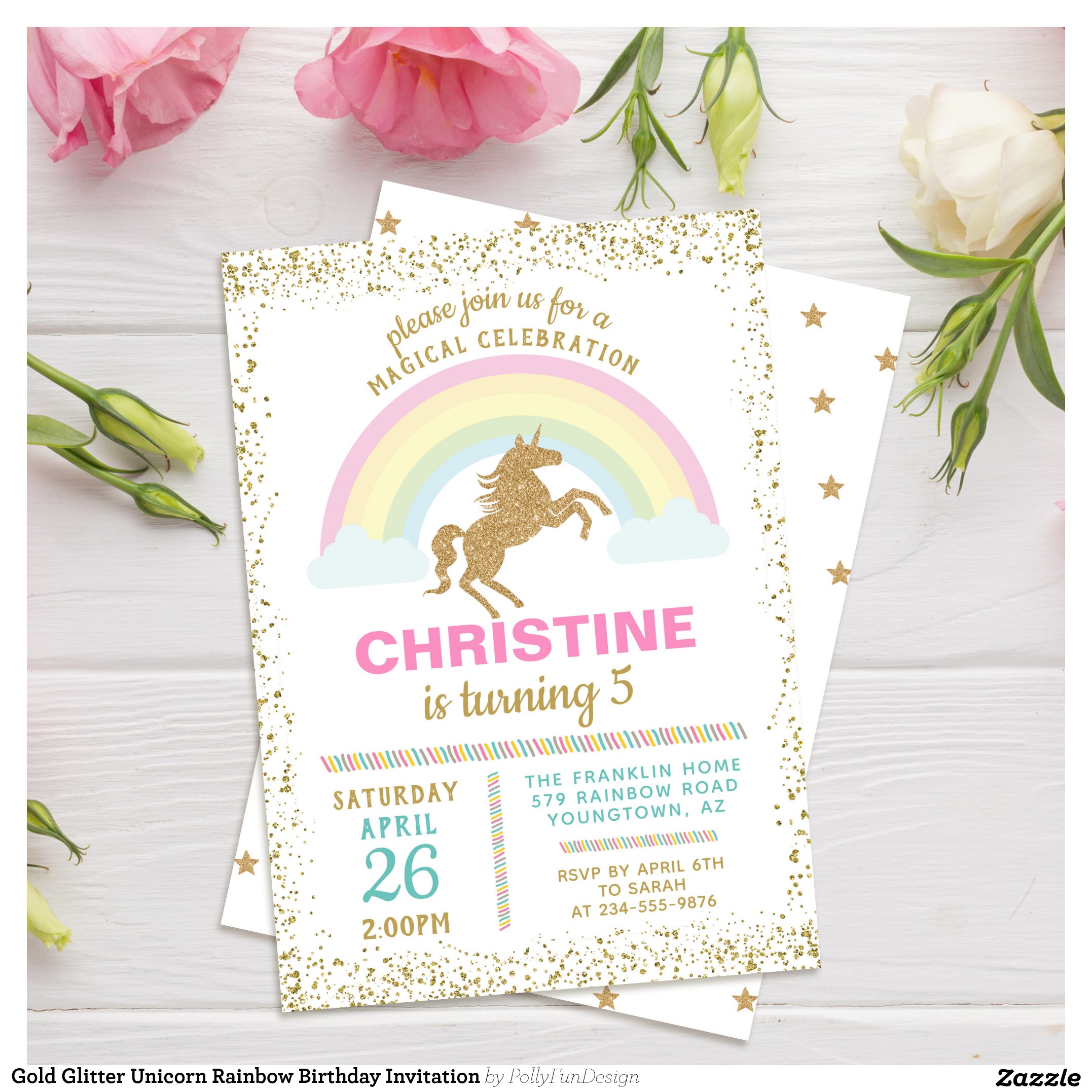 Gold Glitter Unicorn Rainbow Birthday Invitation