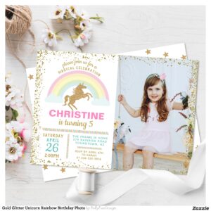 Gold Glitter Unicorn Rainbow Birthday Photo Invitation
