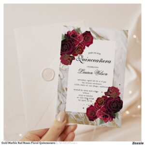 Gold Marble Red Roses Floral Quinceanera Invitation
