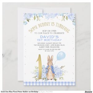 Gold One Blue Floral Peter Rabbit 1st Birthday Invitation