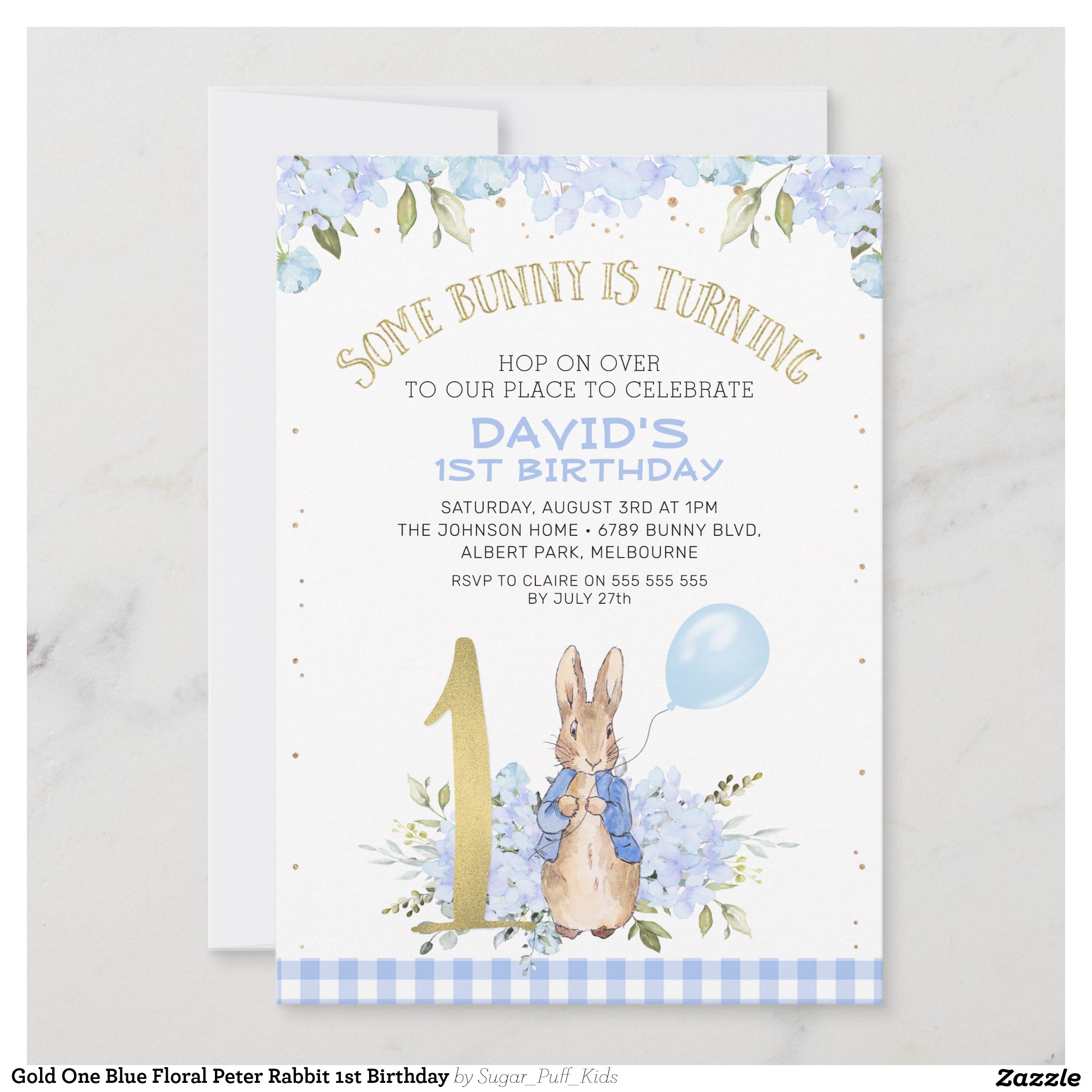 Gold One Blue Floral Peter Rabbit 1st Birthday Invitation