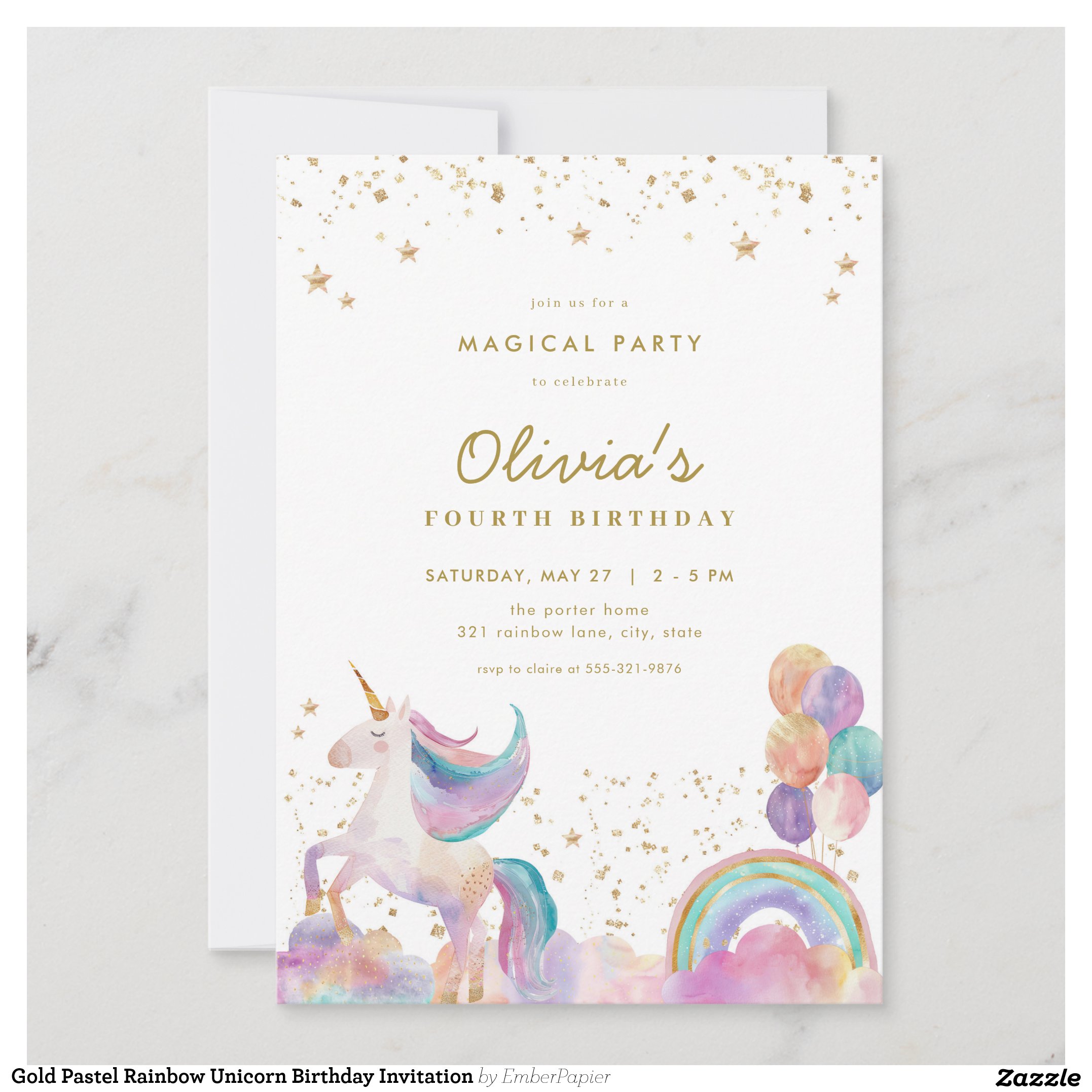 Gold Pastel Rainbow Unicorn Birthday Invitation