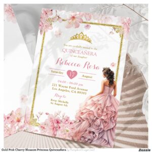 Gold Pink Cherry Blossom Princess Quincea?era Invitation