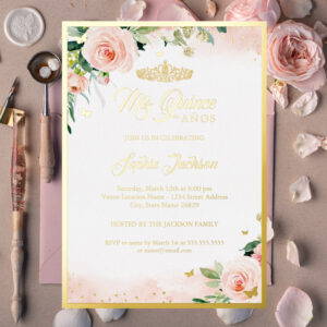 Gold Pink Floral Quinceanera Birthday Foil Invitation