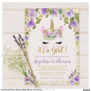 Gold Purple Floral Unicorn Baby Shower Invitations
