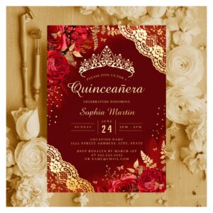 Gold Red Floral Lace Quinceanera Foil Invitation