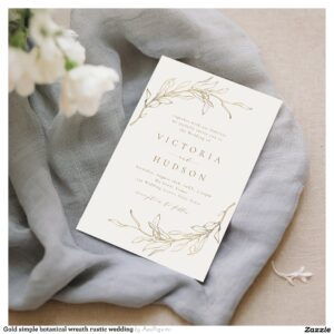 Gold simple botanical wreath rustic wedding invitation