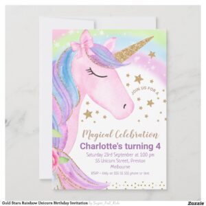 Gold Stars Rainbow Unicorn Birthday Invitation