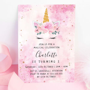 Gold Stars Teal Pink Unicorn Birthday Invitation