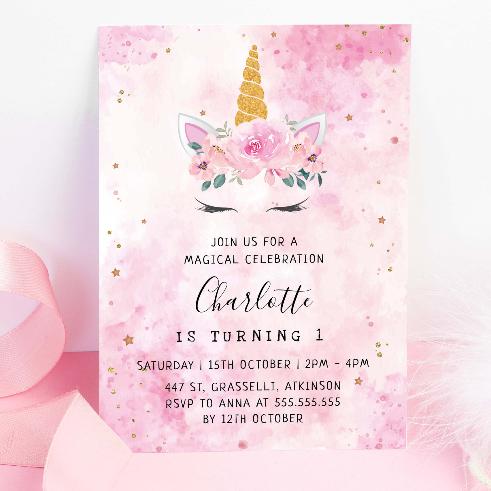 Gold Stars Teal Pink Unicorn Birthday Invitation