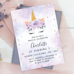 Gold Stars Teal Purple Unicorn Birthday Invitation