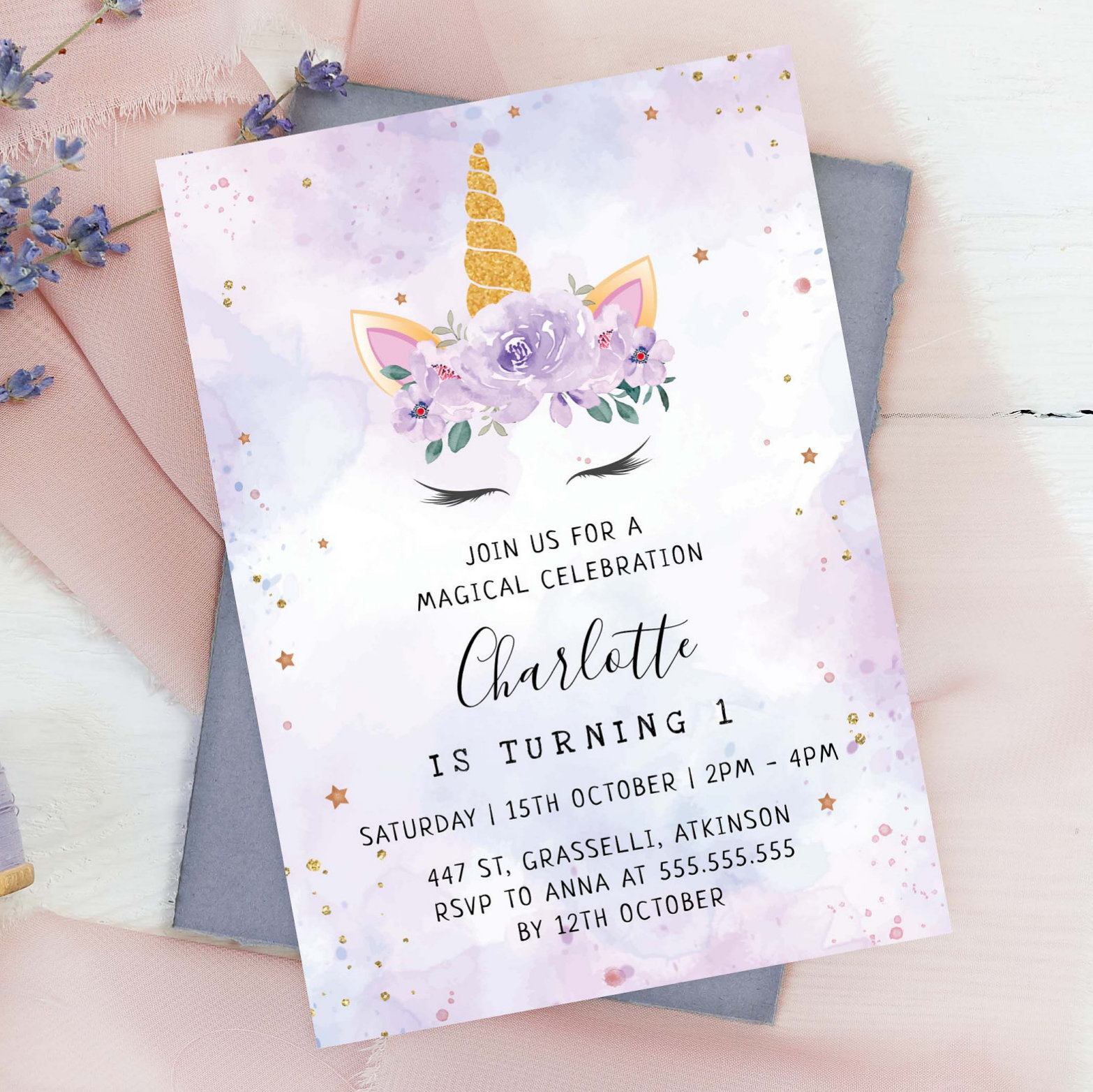 Gold Stars Teal Purple Unicorn Birthday Invitation