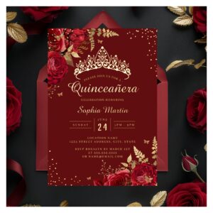 Golden Butterfly Red Floral Rose Quinceanera Foil Invitation