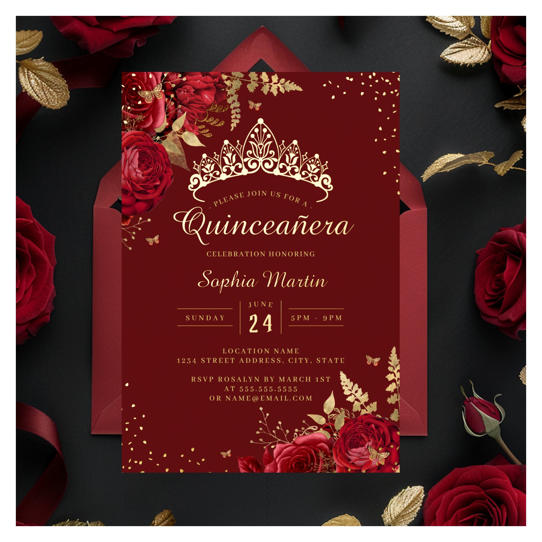 Golden Butterfly Red Floral Rose Quinceanera Foil Invitation