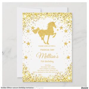 Golden Glitter unicorn birthday invitation