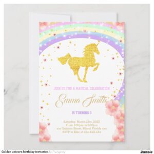 Golden unicorn birthday invitation
