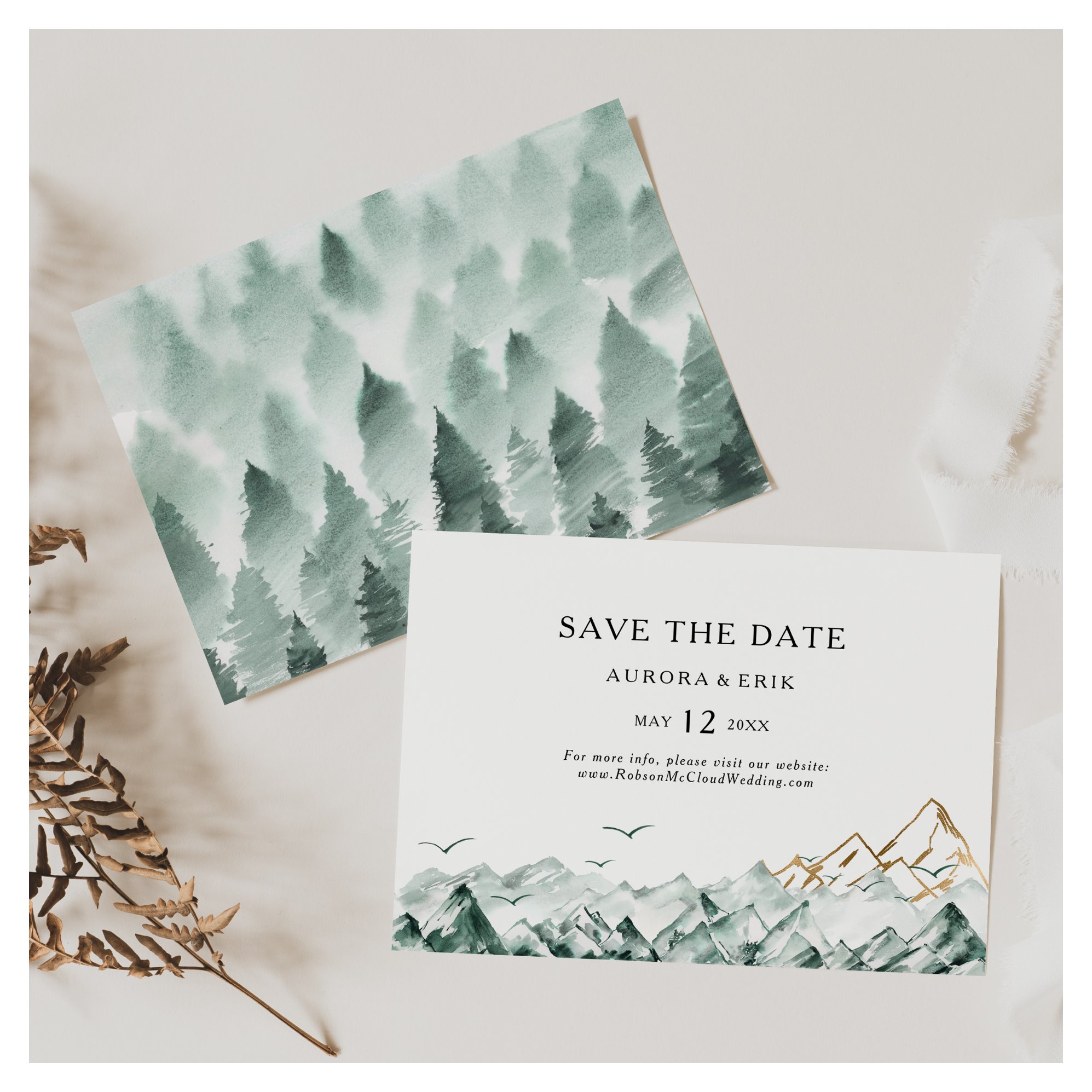 Green and Gold Mountain Horizontal Save the Date
