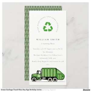 Green Garbage Truck Kids Any Age Birthday Invite