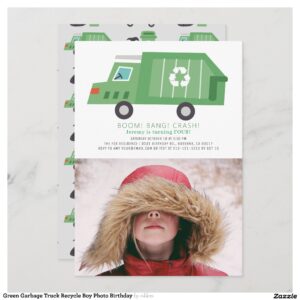 Green Garbage Truck Recycle Boy Photo Birthday Invitation