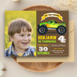Green Monster Truck Kids Photo Birthday Party Invitation