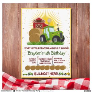 Green Tractor ?? Trucks Themed Birthday Party Invitation