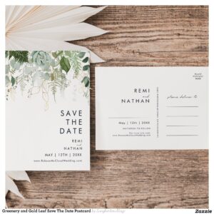 Greenery and Gold Leaf Save The Date Postcard