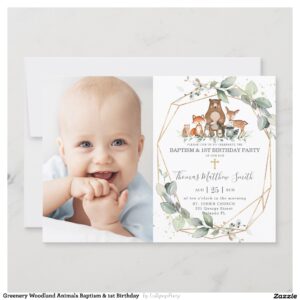 Greenery Woodland Animals Baptism & 1st Birthday Invitation