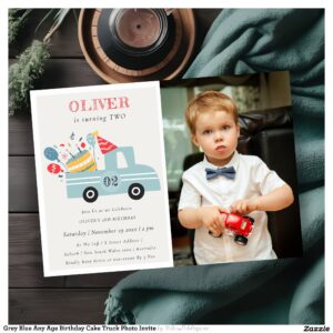 Grey Blue Any Age Birthday Cake Truck Photo Invite