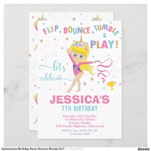 Gymnastics Birthday Party Unicorn Blond Girl Invitation