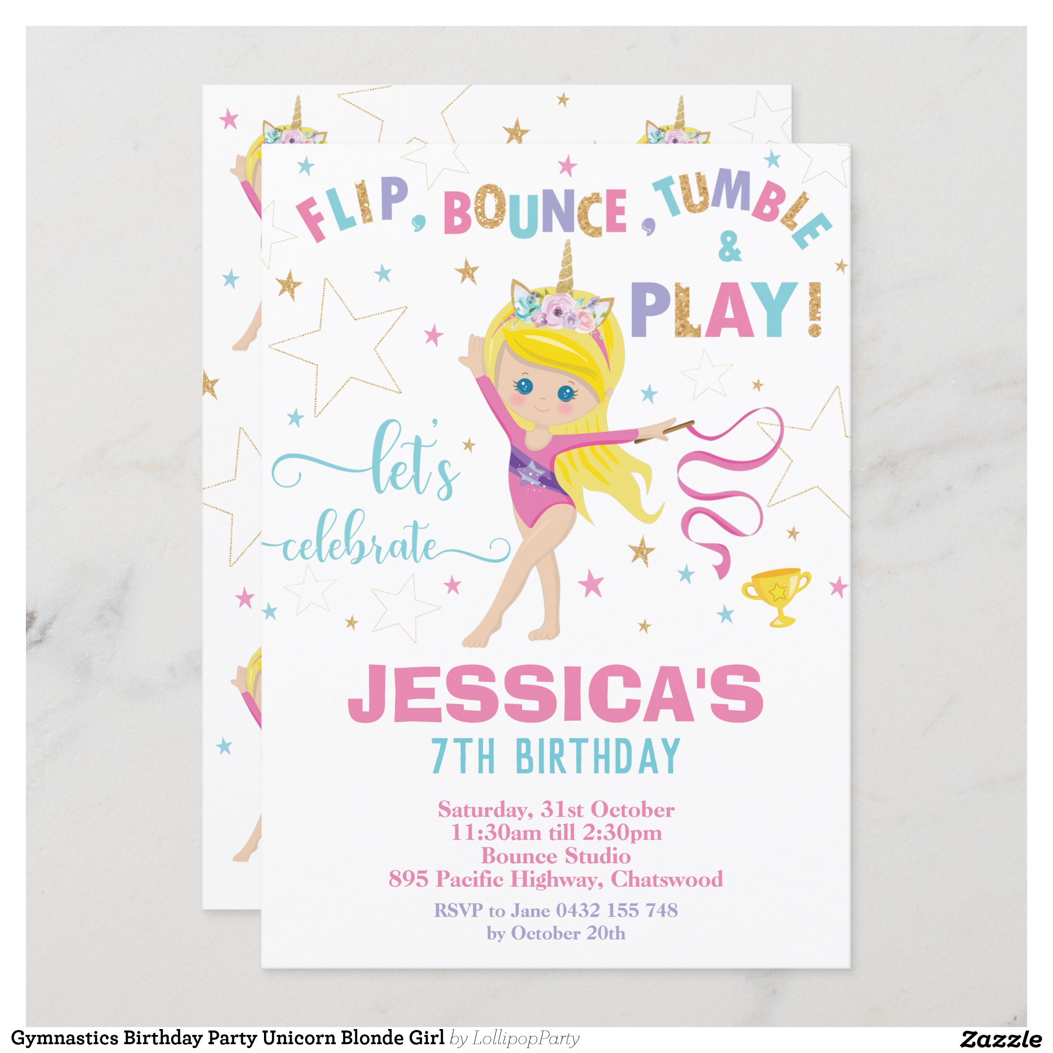 Gymnastics Birthday Party Unicorn Blond Girl Invitation