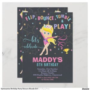 Gymnastics Birthday Party Unicorn Blond Girl Invitation