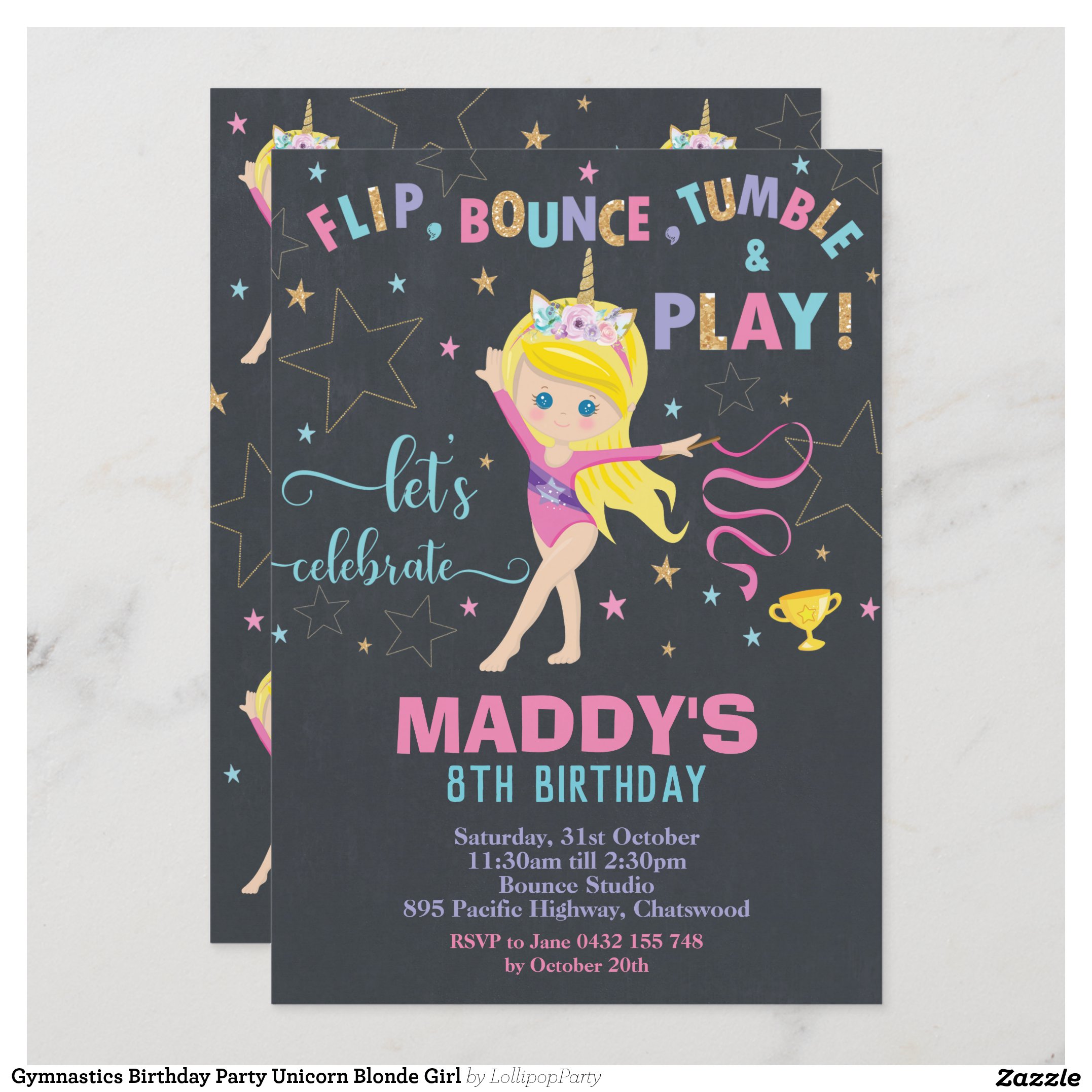 Gymnastics Birthday Party Unicorn Blond Girl Invitation