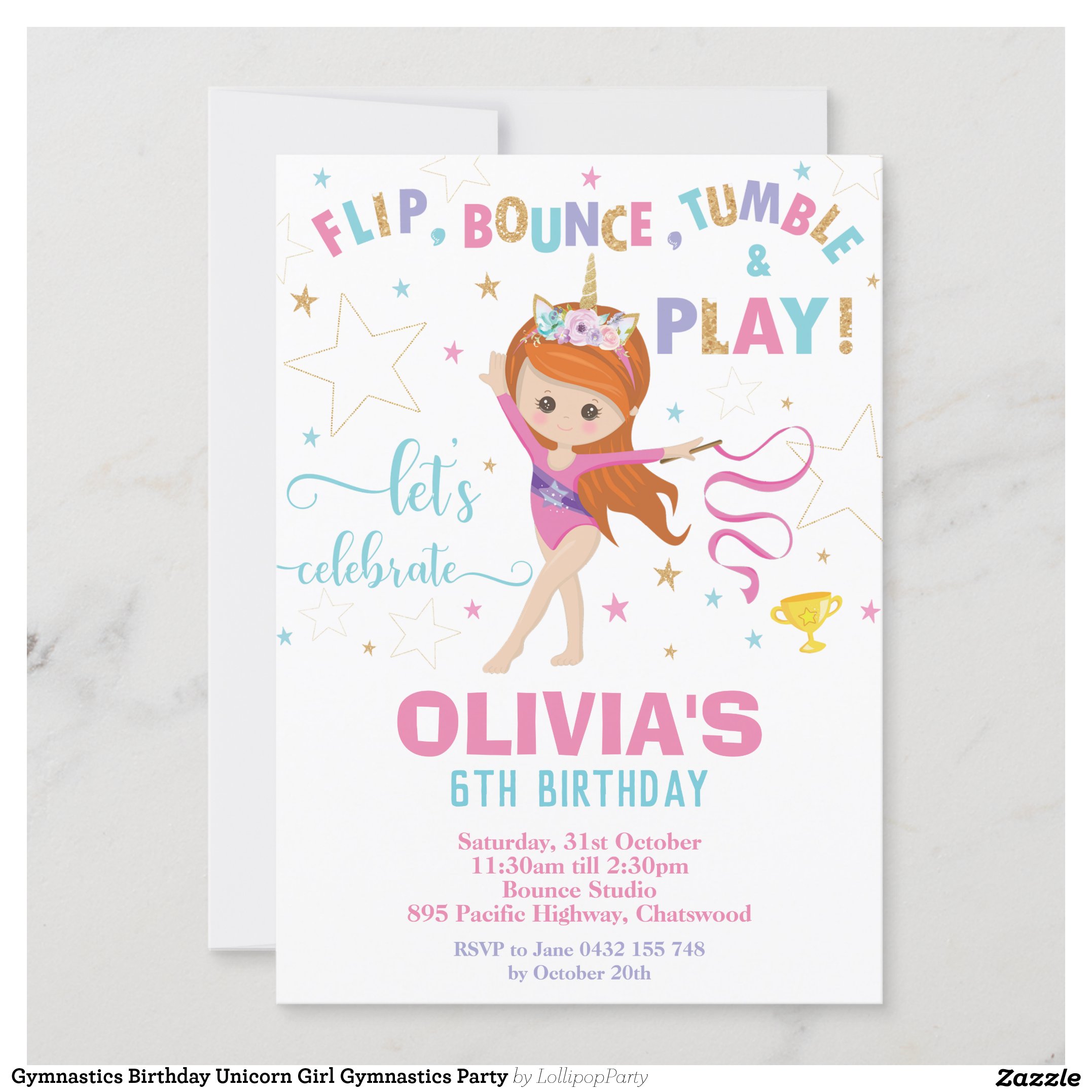 Gymnastics Birthday Unicorn Girl Gymnastics Party Invitation