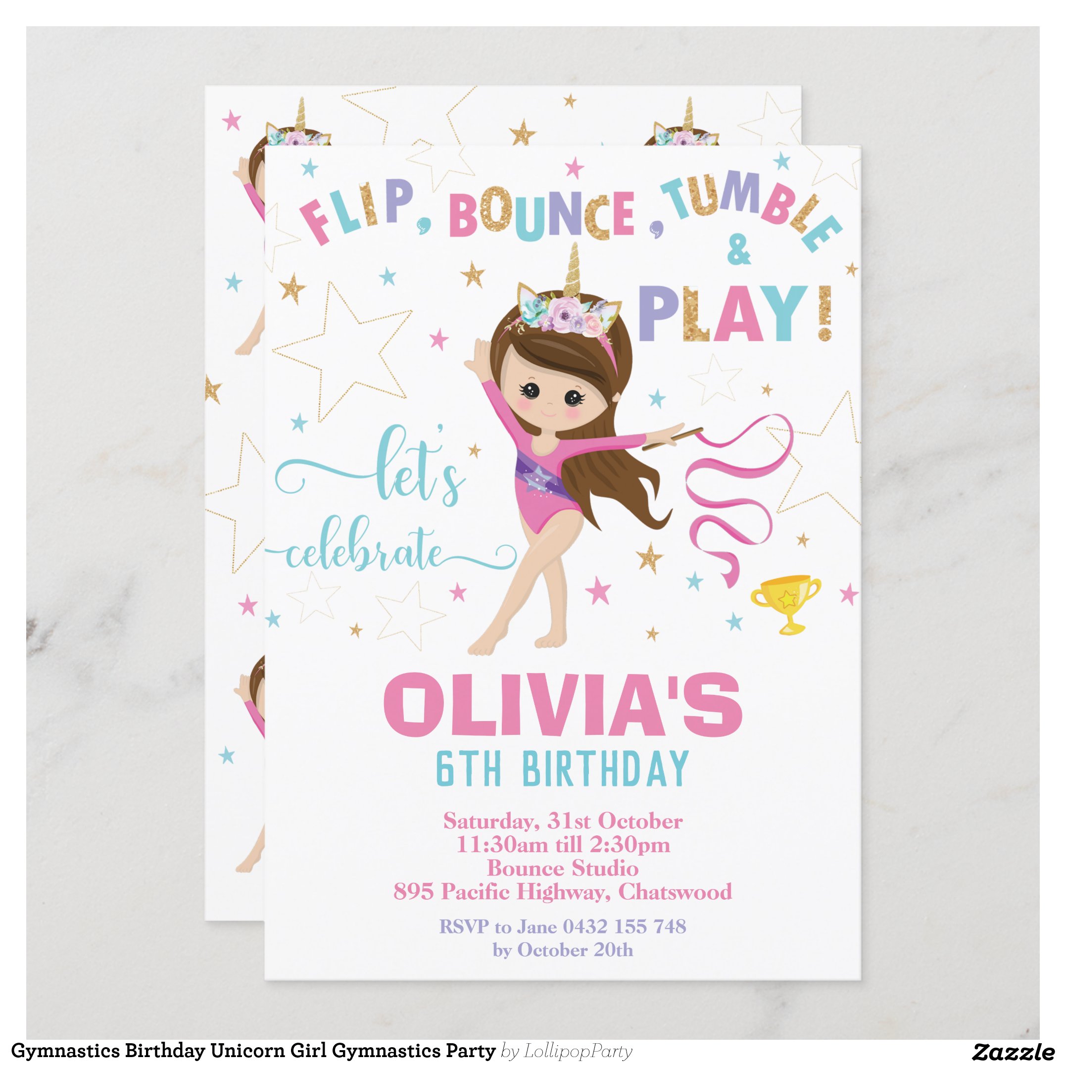 Gymnastics Birthday Unicorn Girl Gymnastics Party Invitation
