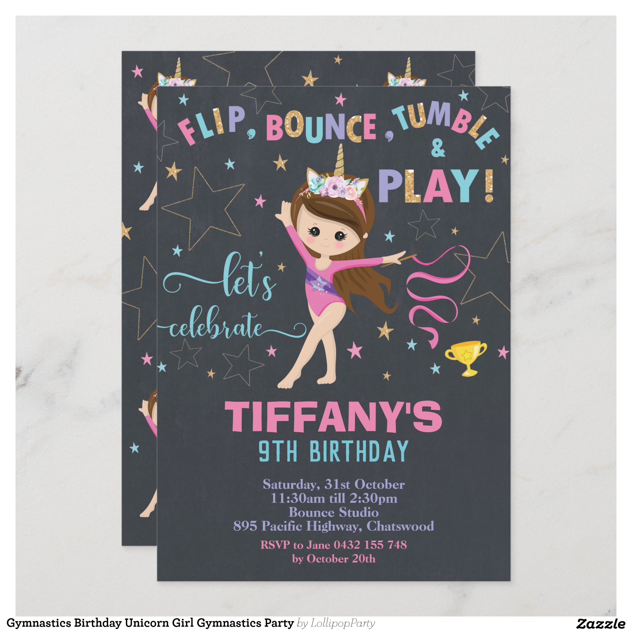 Gymnastics Birthday Unicorn Girl Gymnastics Party Invitation
