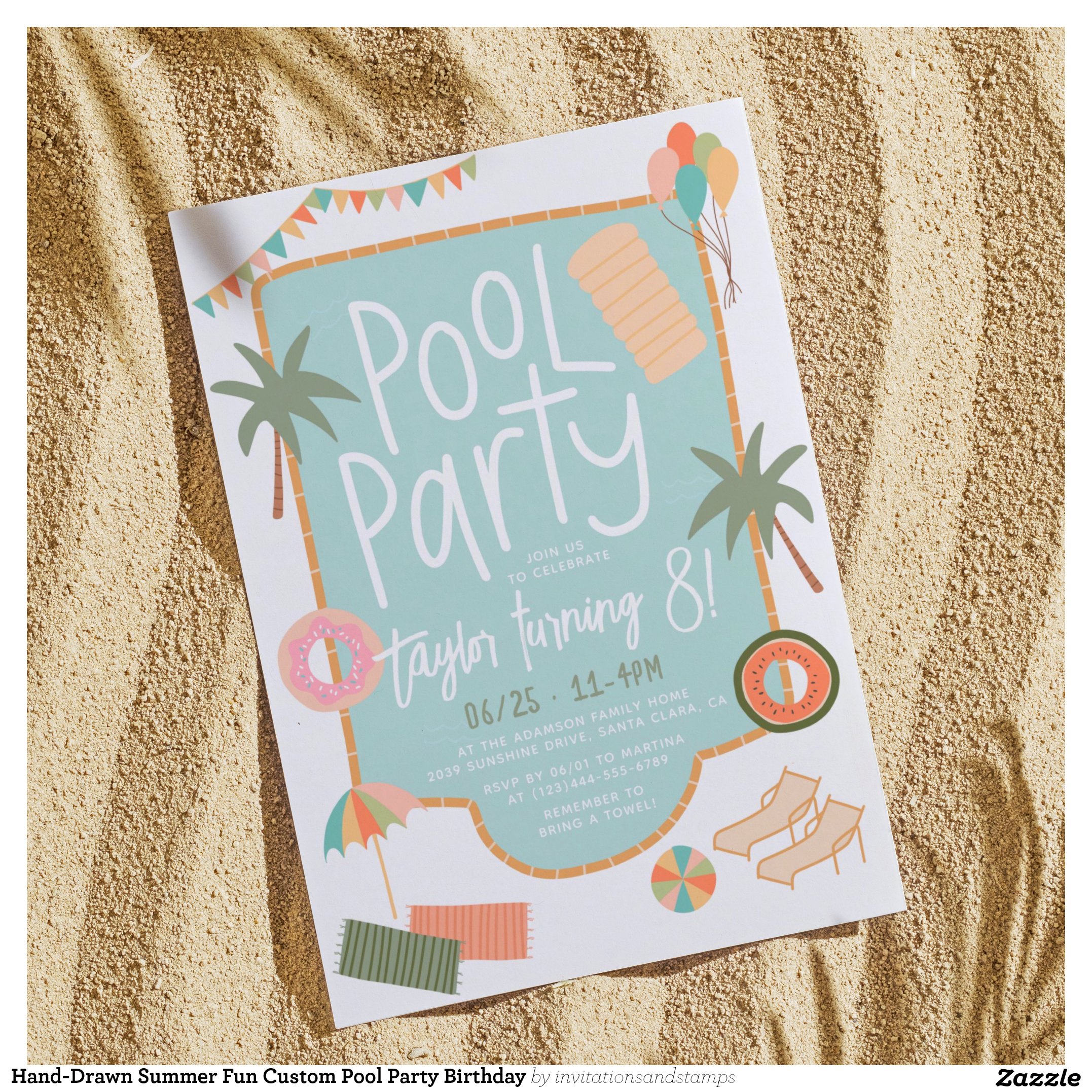 Hand-Drawn Summer Fun Custom Pool Party Birthday Invitation