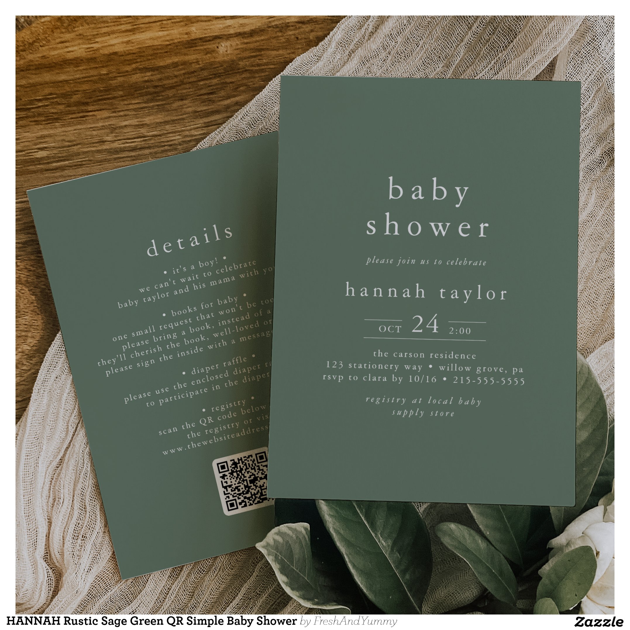 HANNAH Rustic Sage Green QR Simple Baby Shower Invitation