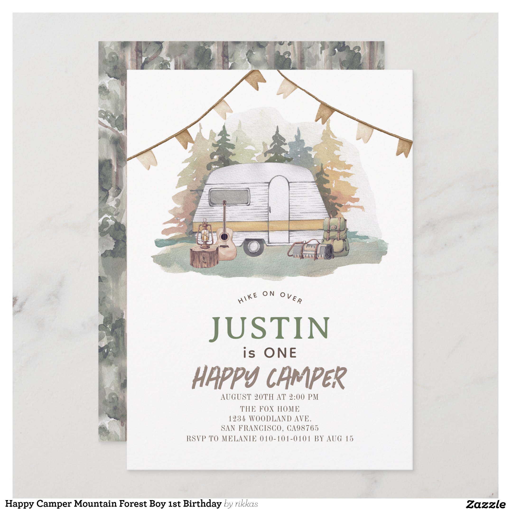Happy Camper Mountain Forest Boy 1st Birthday Invitation