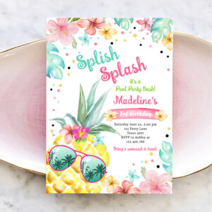Hawaiian Luau Pineapple Pool Party Girl Birthday Invitation