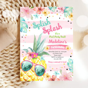 Hawaiian Luau Pineapple Pool Party Girl Birthday Invitation