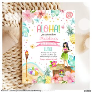 Hawaiian Luau Tropical Pool Beach Party Birthday Invitation