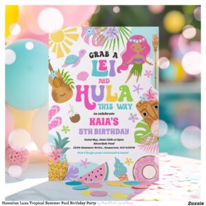 Hawaiian Luau Tropical Summer Pool Birthday Party Invitation
