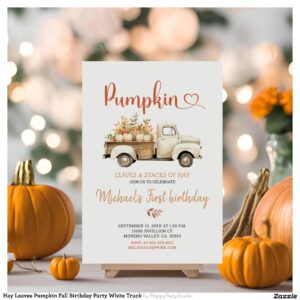 Hay Leaves Pumpkin Fall Birthday Party White Truck Invitation