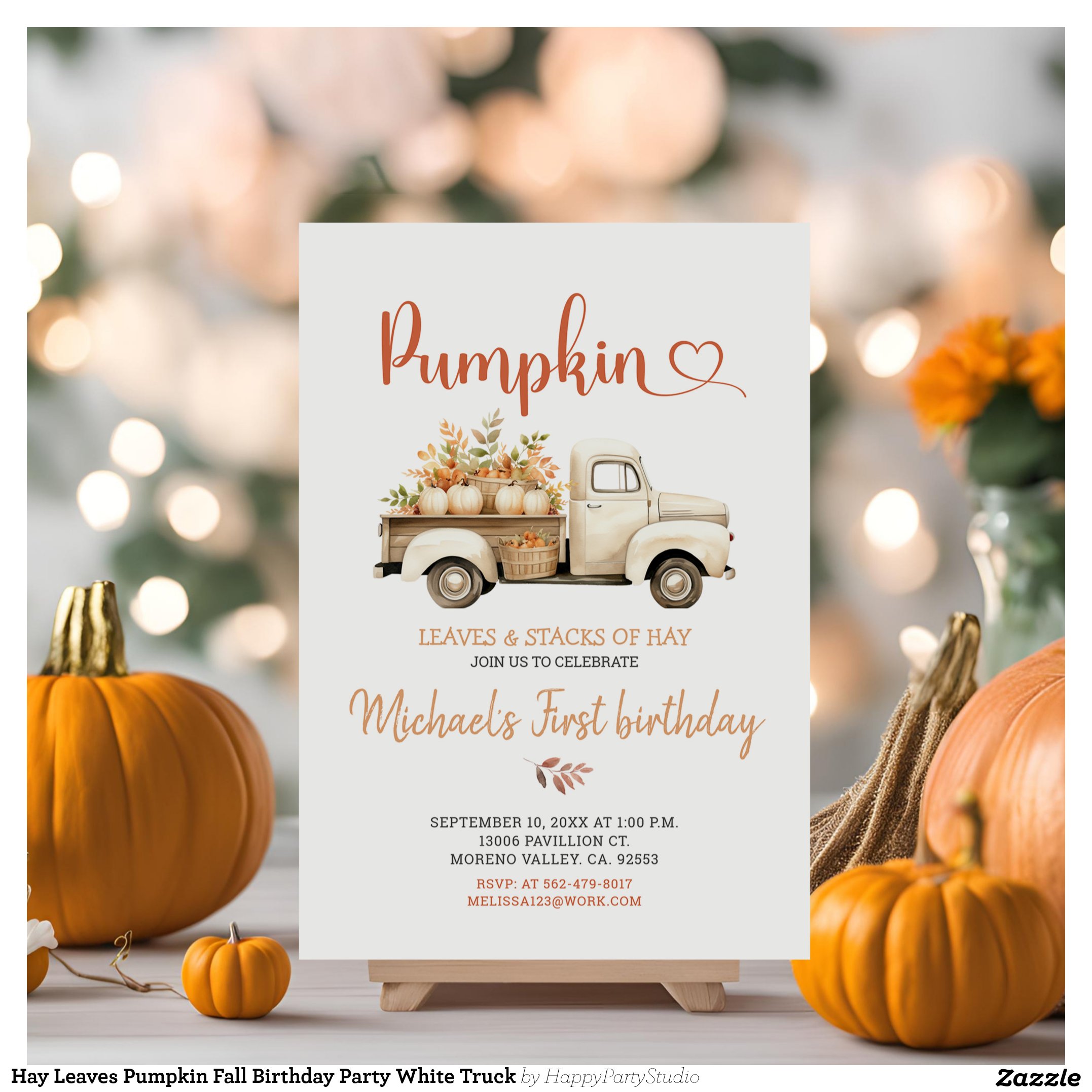Hay Leaves Pumpkin Fall Birthday Party White Truck Invitation