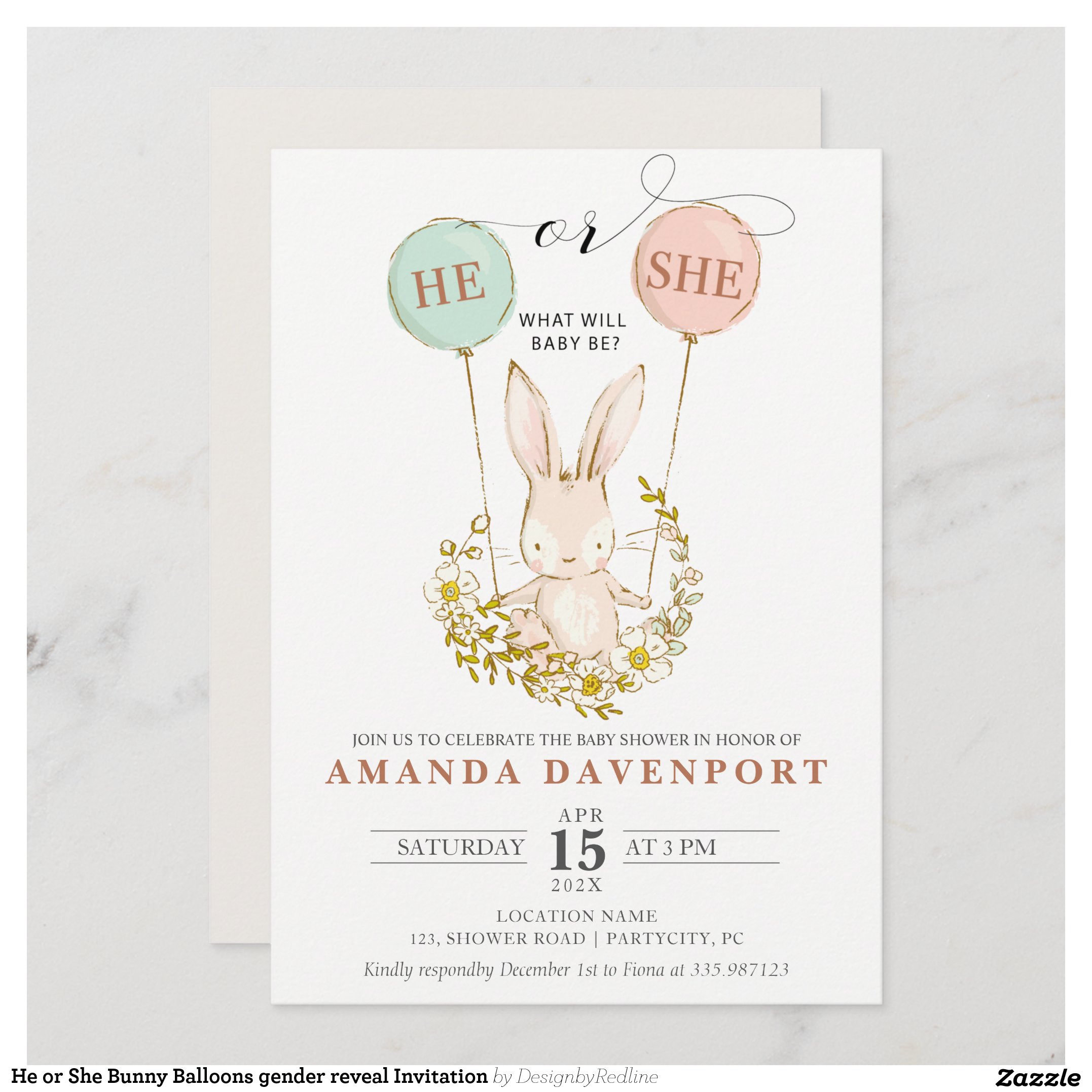 He or She Bunny Balloons gender reveal Invitation