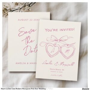 Heart Locket Cute Modern Monogram Pink Bow Wedding Save The Date
